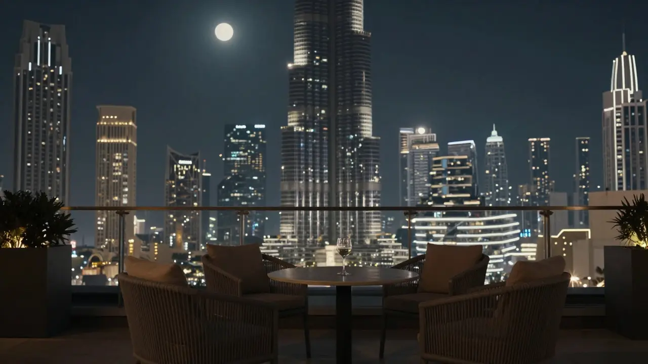 An empty rooftop lounge in Dubai at night, a single wine glass on a table, the Burj Khalifa glowing in the distance.