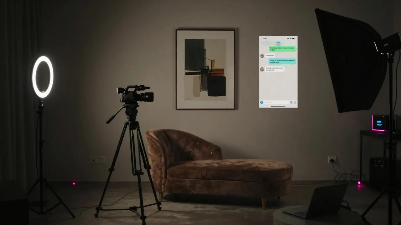 An empty underground adult content studio in Dubai with professional equipment and a blurred Telegram screenshot on the wall.