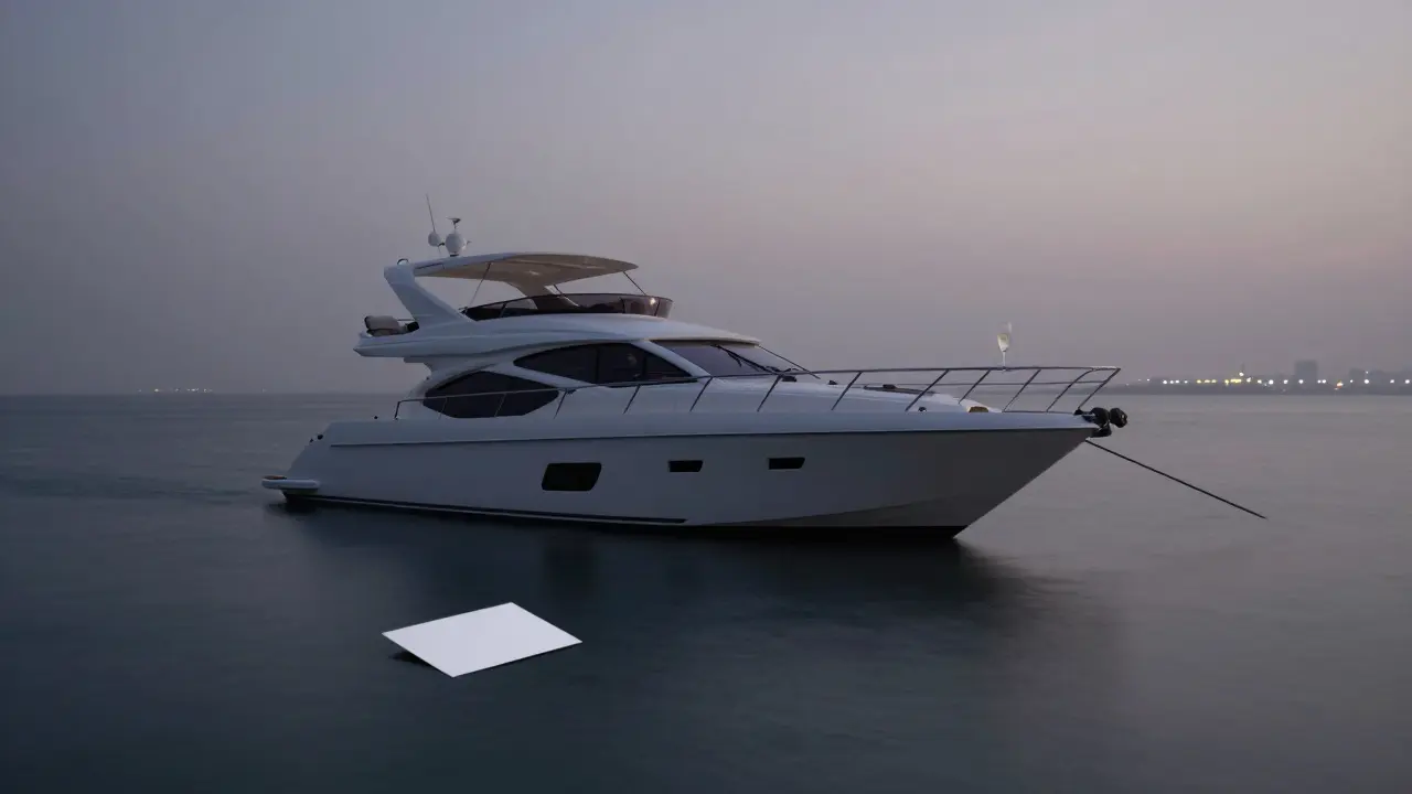 An empty yacht deck at dusk with a floating business card and distant city lights.