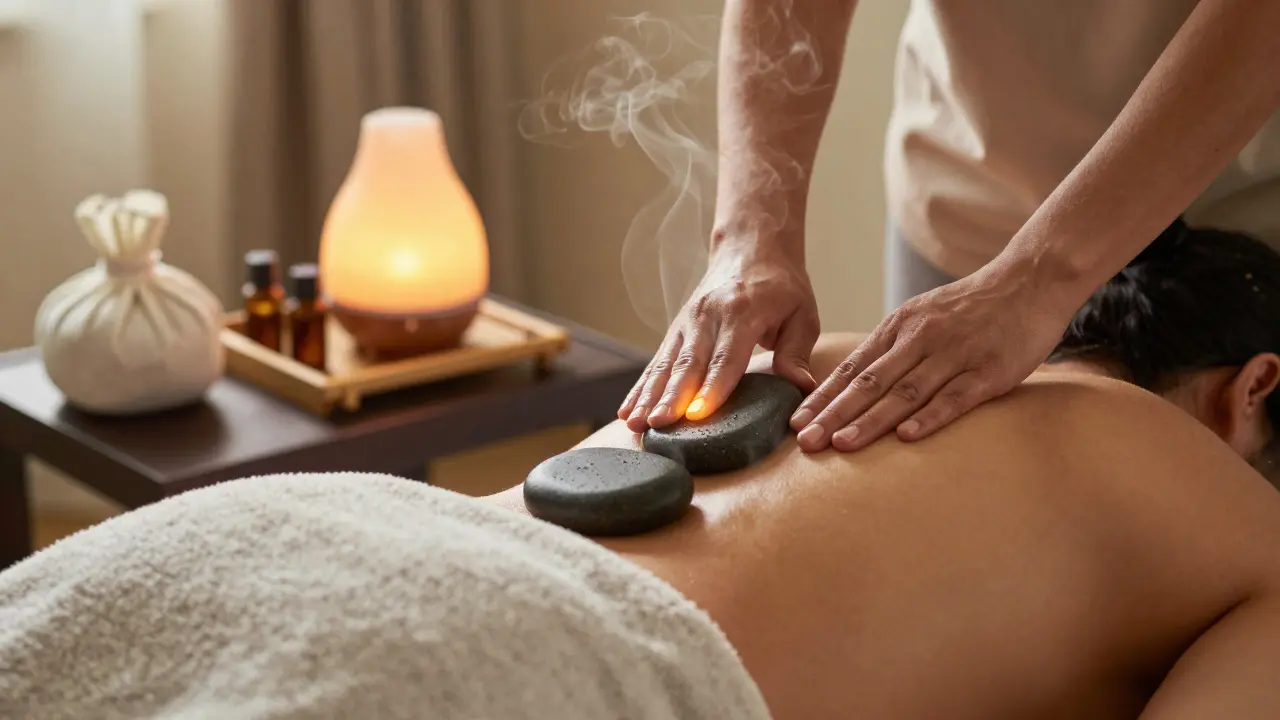 Close-up of warm healing stones being placed along a spine during a hot stone massage at home, with oils and linens nearby.