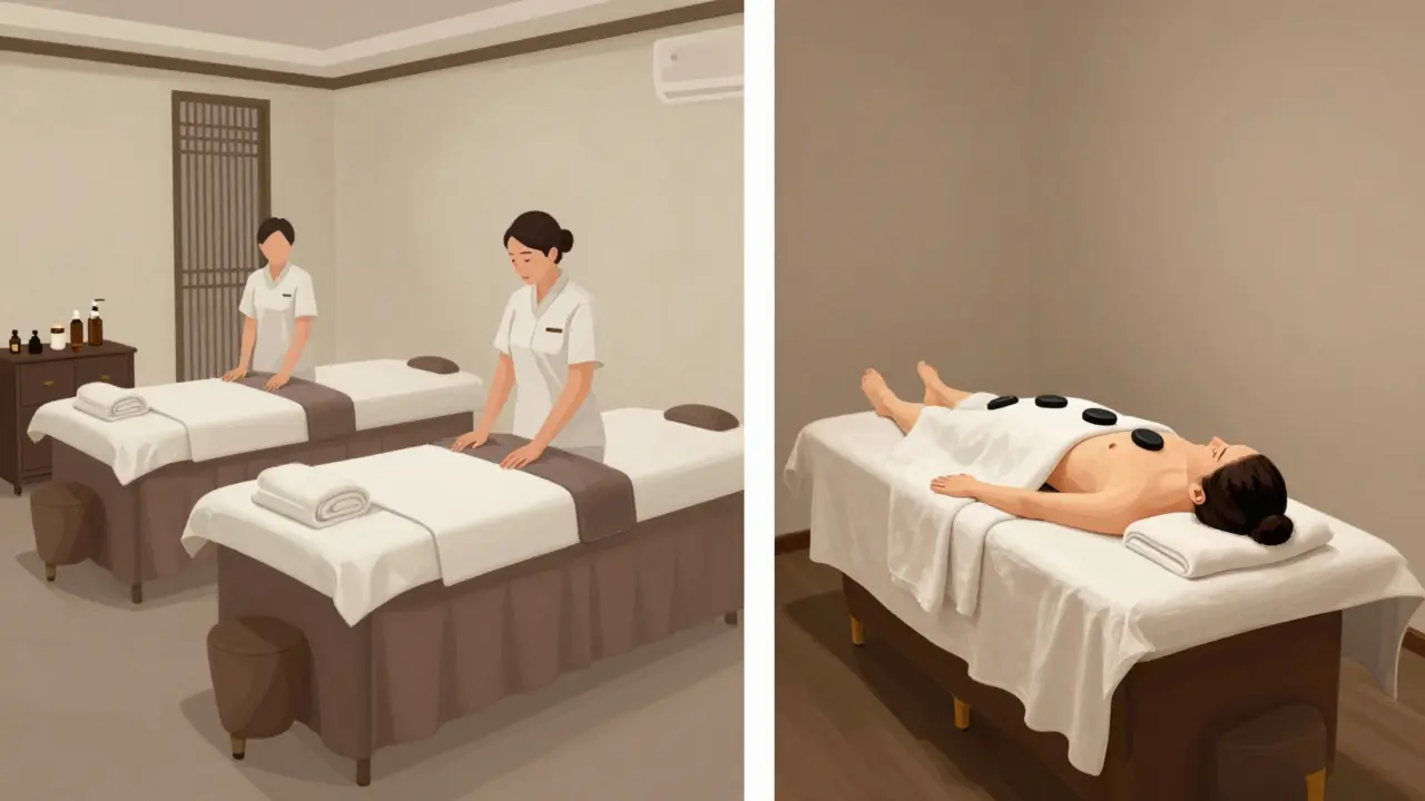 Comparison of a crowded traditional spa and a private sensual massage suite, highlighting differences in privacy and setting.