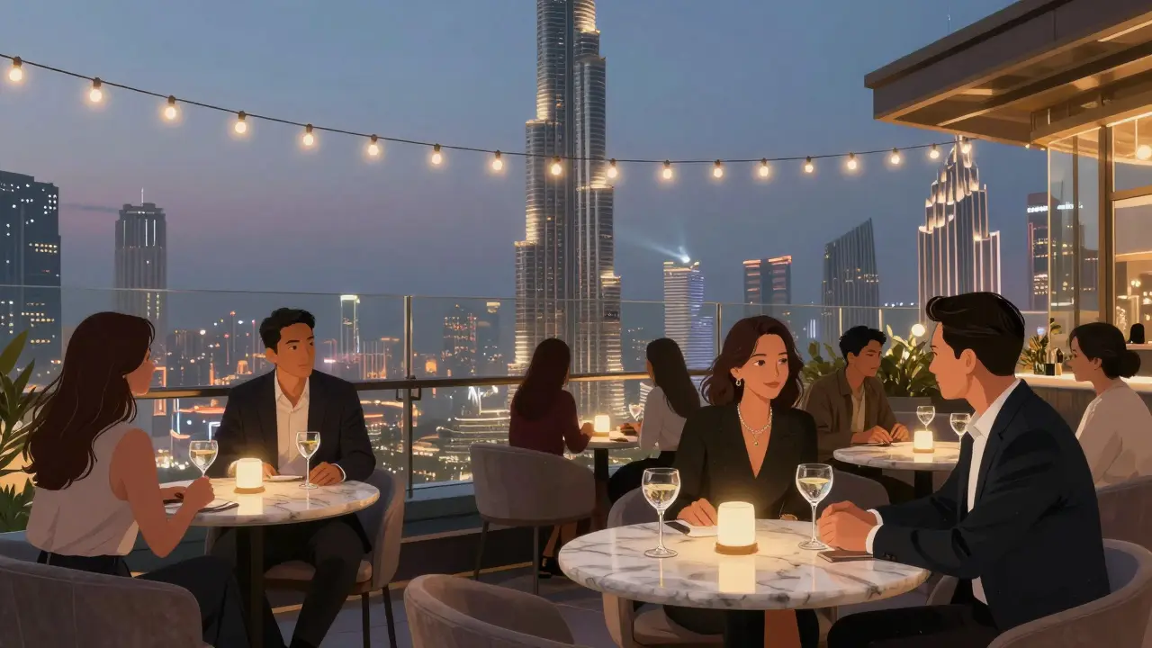 Couples enjoying craft cocktails at a rooftop bar with Burj Khalifa’s light show in the background.
