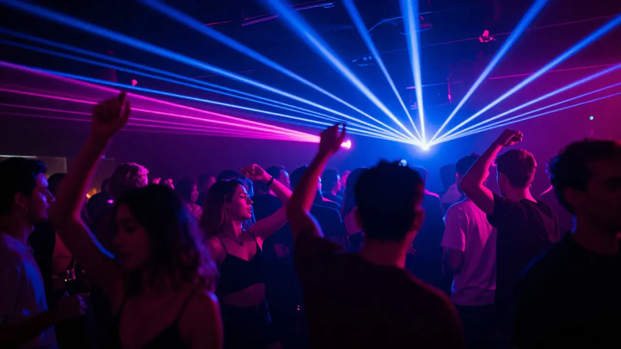 High-energy nightclub with neon lights, dancers moving to pulsating beats in dark room.