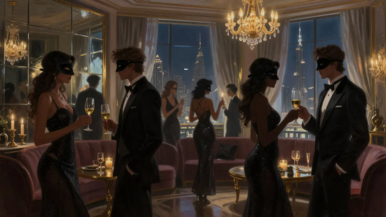 Masked figures in elegant attire mingle in a dimly lit penthouse with blurred Dubai skyline in the background.