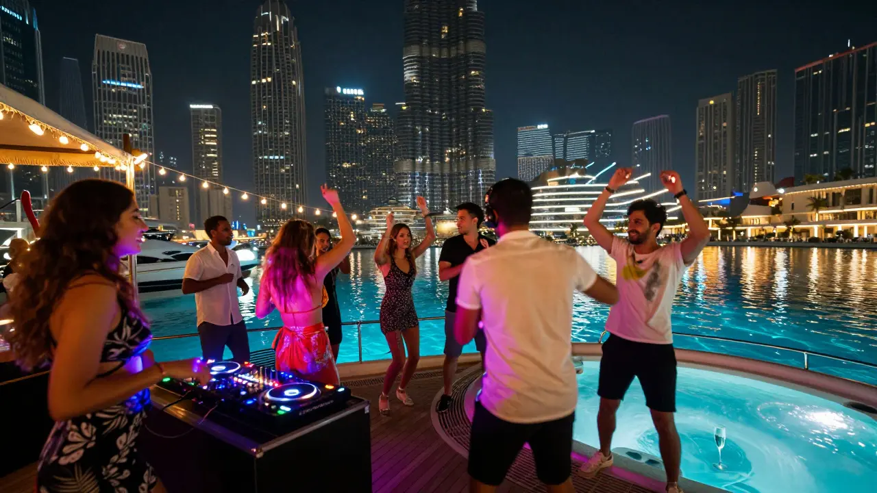 Nighttime yacht party in Dubai Marina with neon lights, dancing guests, and Burj Khalifa light show in the distance.