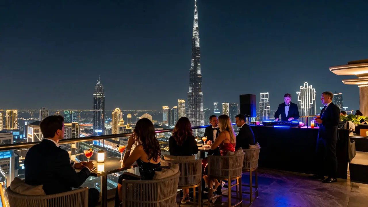 Rooftop bar with panoramic Dubai skyline and Burj Khalifa, guests sipping cocktails under stars.