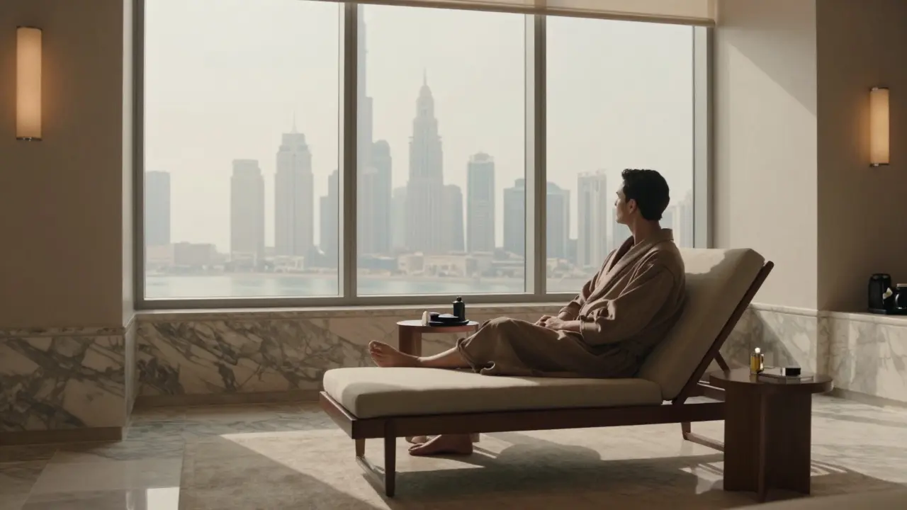 Serene spa lounge at Armani Hotel with skyline view.