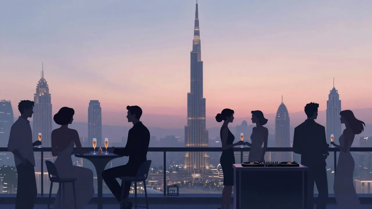 Silhouettes of people on a luxury rooftop at sunrise, champagne glasses on a table, Dubai skyline softly lit in pastel hues.