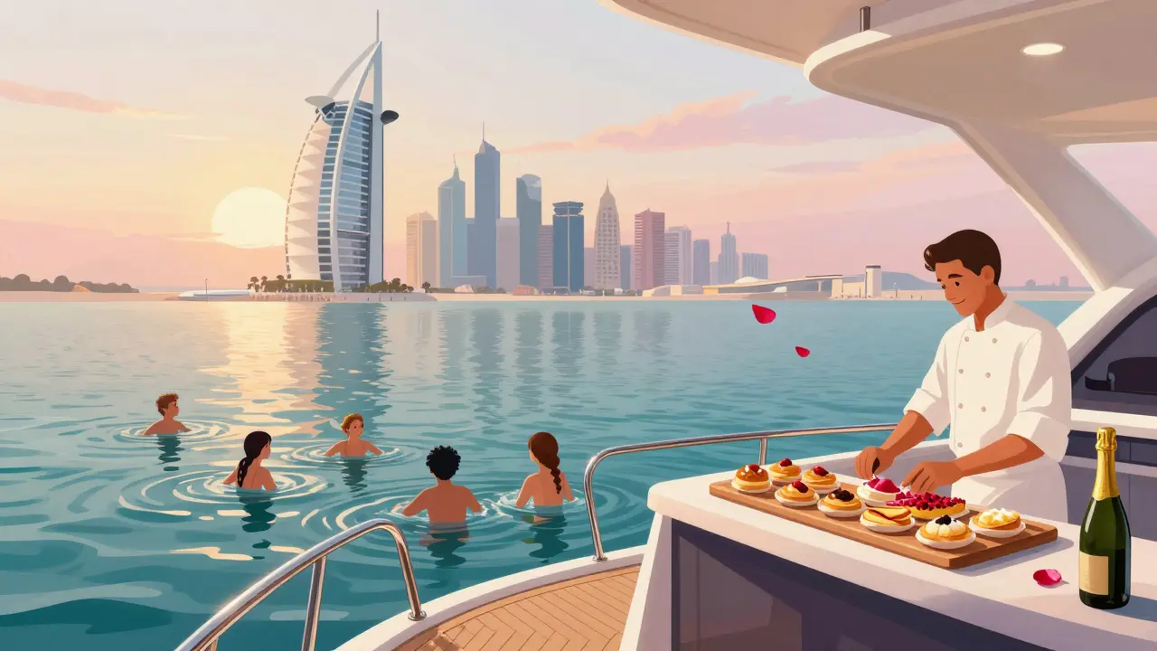 Sunrise yacht charter in Dubai with friends swimming off the back, Palm Jumeirah visible, chef preparing food on deck.