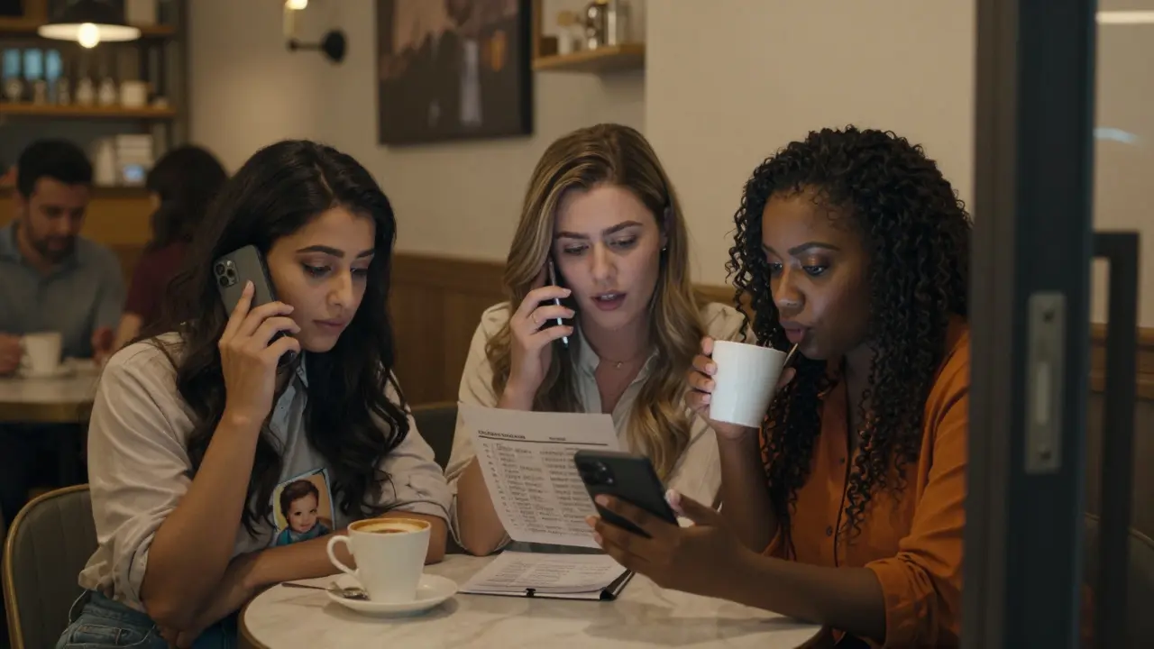 Three women from different countries share a quiet moment in a Dubai café, exchanging secrets over coffee.