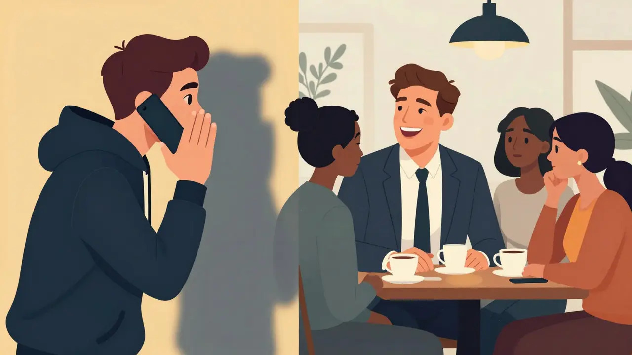 Two contrasting scenes: one of secrecy and fear, the other of friendly social connection in a café.