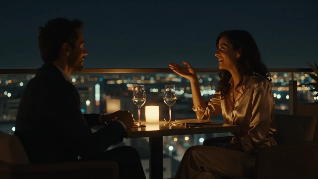 Two silhouettes share a quiet evening at a rooftop lounge in Dubai, candlelight reflecting off wine glasses.