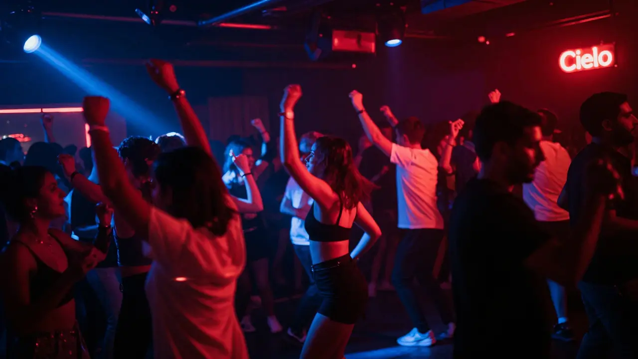 Underground dance floor with strobe lights and energetic crowd