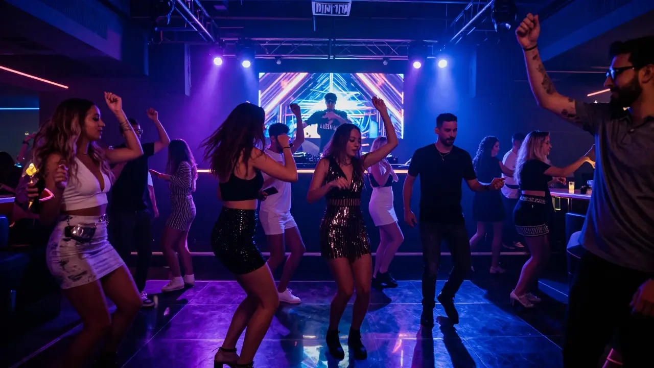 Vibrant nightclub scene with neon lights and dancers.