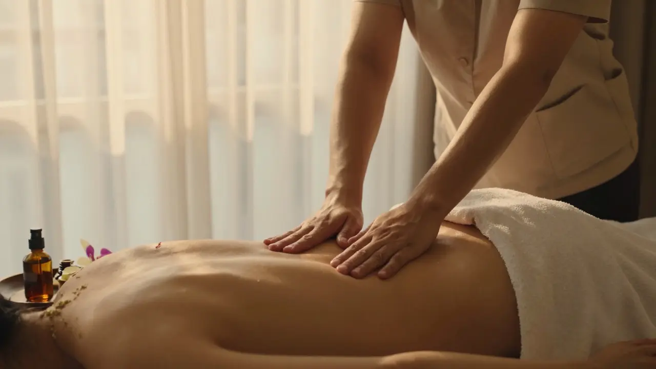 A Balinese massage with rhythmic hand movements on a client covered by a towel, bathed in golden light and surrounded by herbal oils.