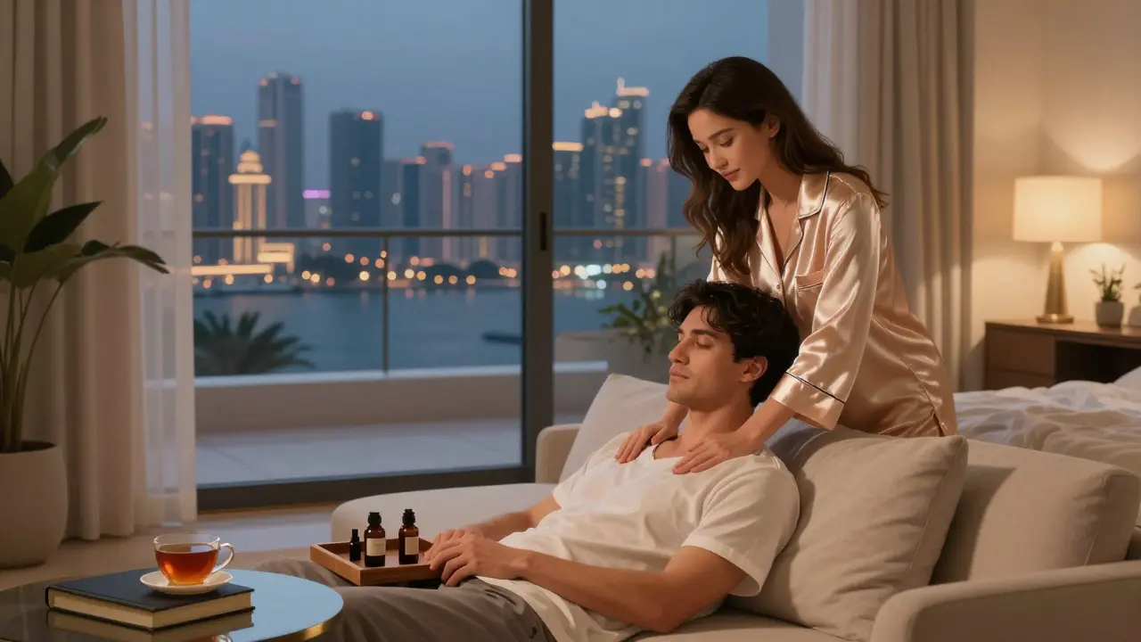 A calm, intimate massage session in a luxurious Dubai apartment with soft lighting and no nudity.