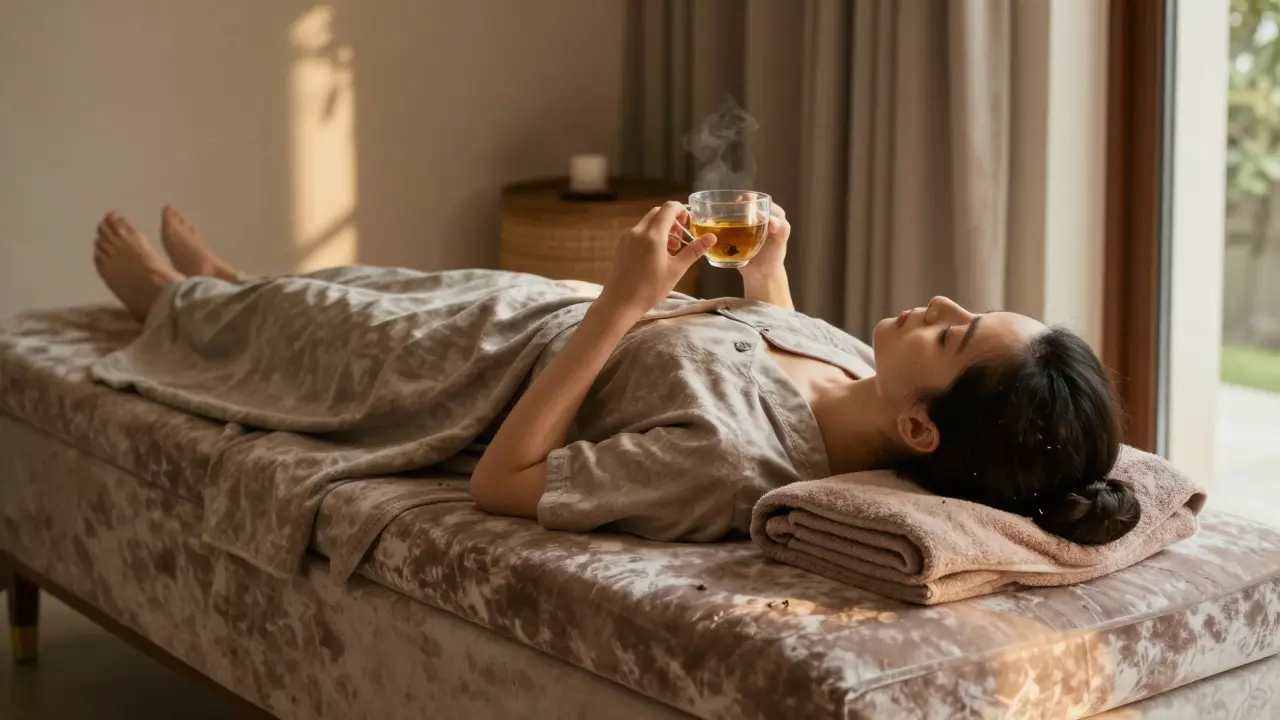 A client resting peacefully after a session, sipping tea in a quiet villa room with soft lighting and a folded towel nearby.