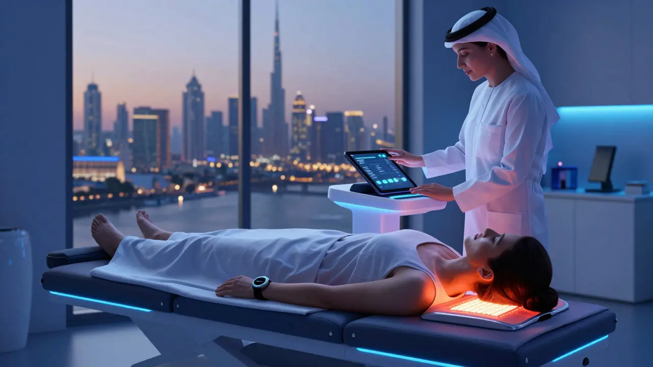 A modern wellness session in Dubai uses biofeedback sensors and infrared heat for deep relaxation.