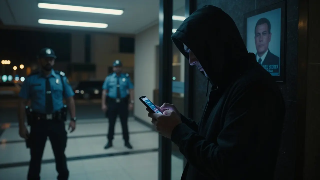 A nervous man outside a Dubai hotel lobby, watched by police under harsh lighting.