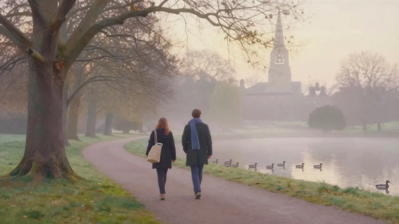 A peaceful sunrise walk through Heaton Park, two figures strolling side by side past a misty pond with ducks.