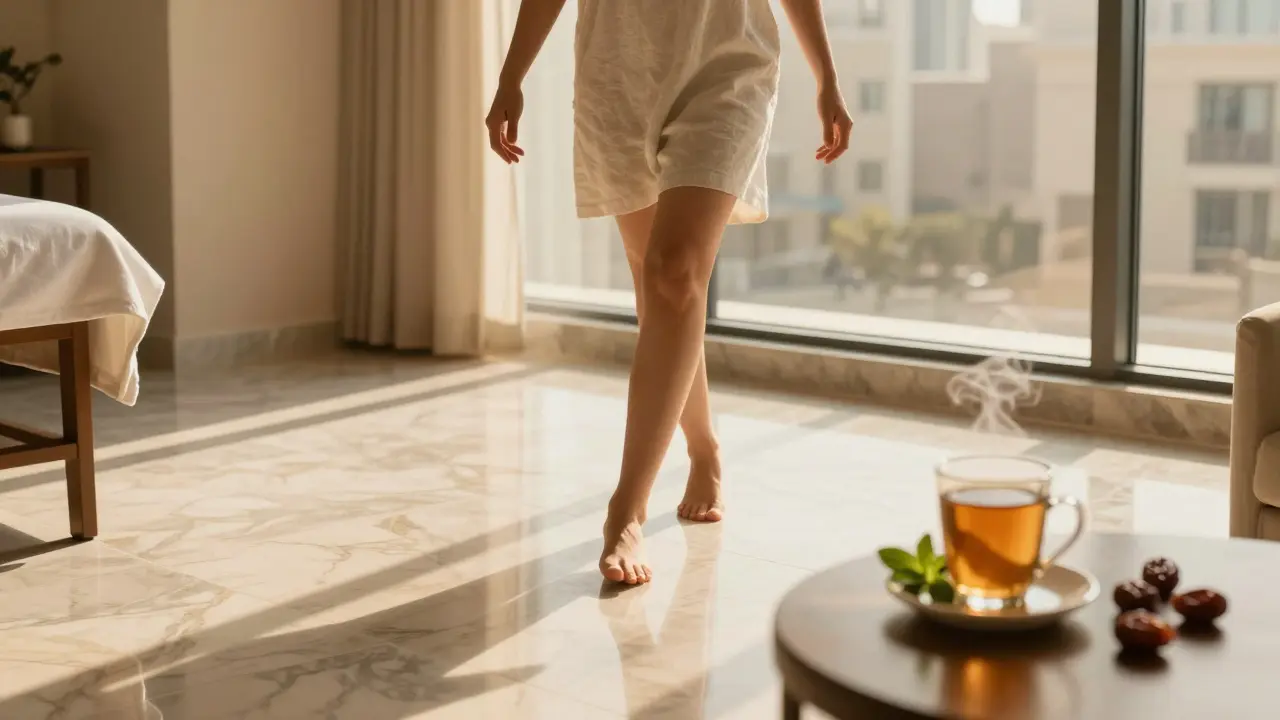 A person walking barefoot in a quiet spa lounge after a massage, glowing with calm, as golden light fills the room.