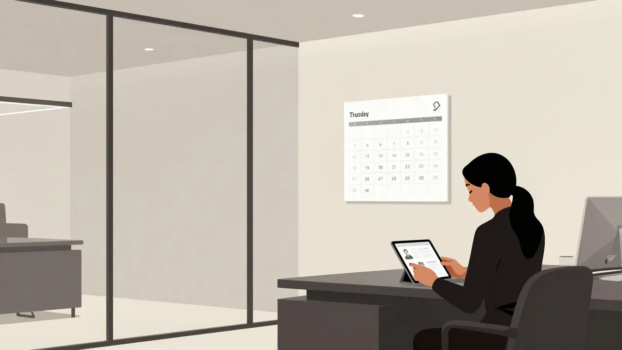 A professional escort reviews client profiles in a modern, minimalist agency office in Dubai, emphasizing discretion and structure.