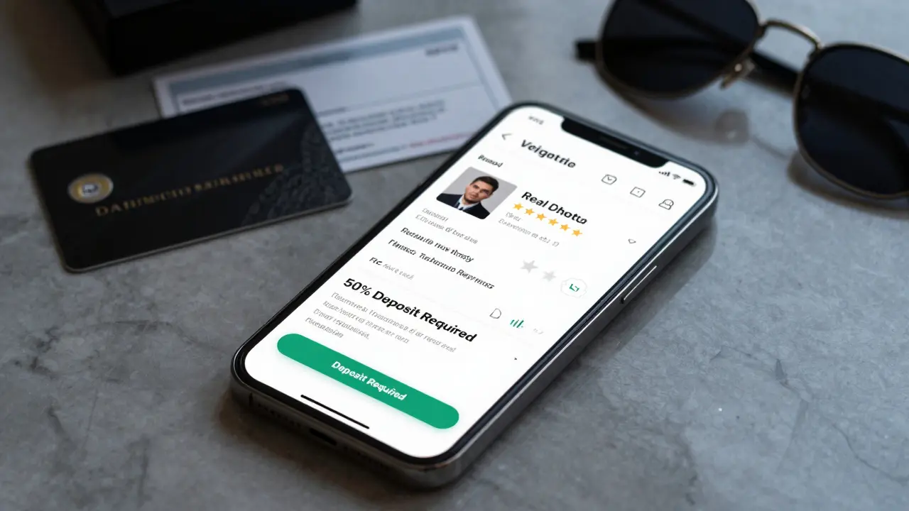 A smartphone displaying a verified escort profile with deposit notice, beside hotel keycard and bank transfer confirmation.