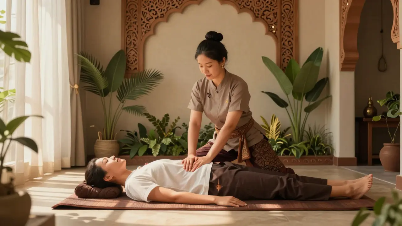 A Thai massage therapist performing stretching and compression on a client in a serene Jumeirah wellness center with Arabian arches.