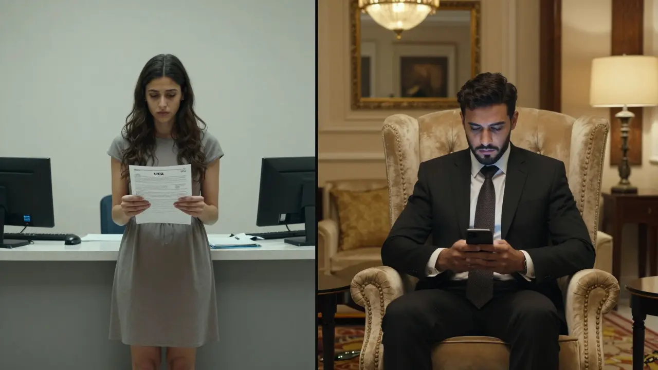 A weary woman in a visa office contrasts with an isolated man in a luxury hotel room, highlighting exploitation and loneliness.