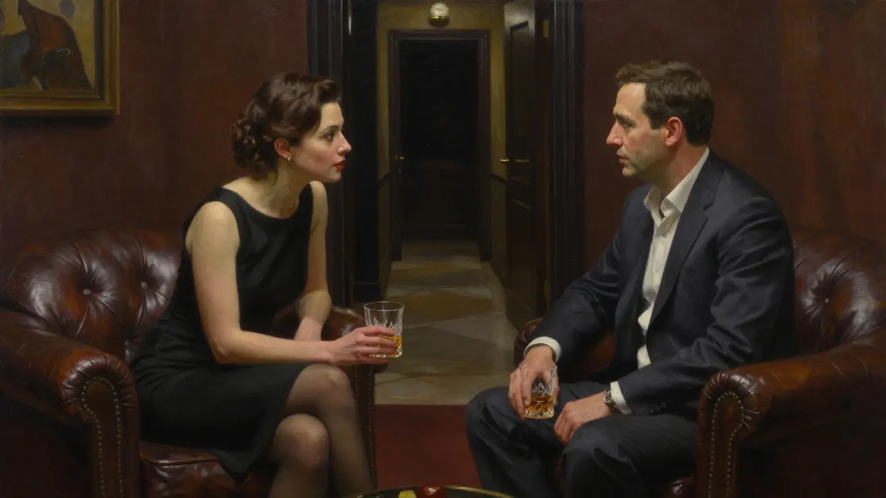 A woman listens intently to a man in a private Dubai club, their connection deep and wordless, bathed in low ambient light.