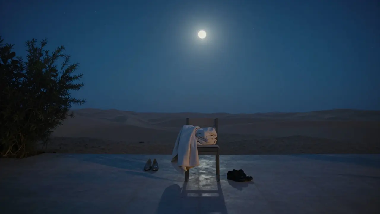 An empty villa garden at midnight with shoes left neatly beside a chair—evidence of a silent, intimate night without presence.