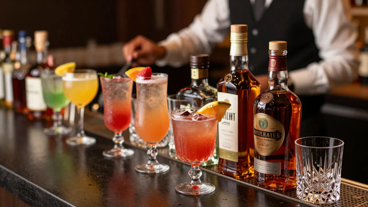 Close-up of premium cocktails and liquor bottles on a dark bar table.