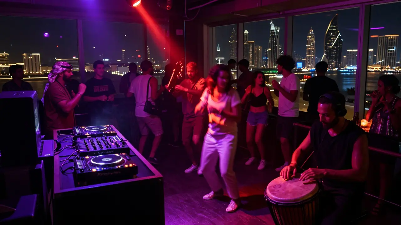 Diverse crowd dancing in a Dubai club with Arabic percussion and deep house beats, neon lights reflecting off sweat.