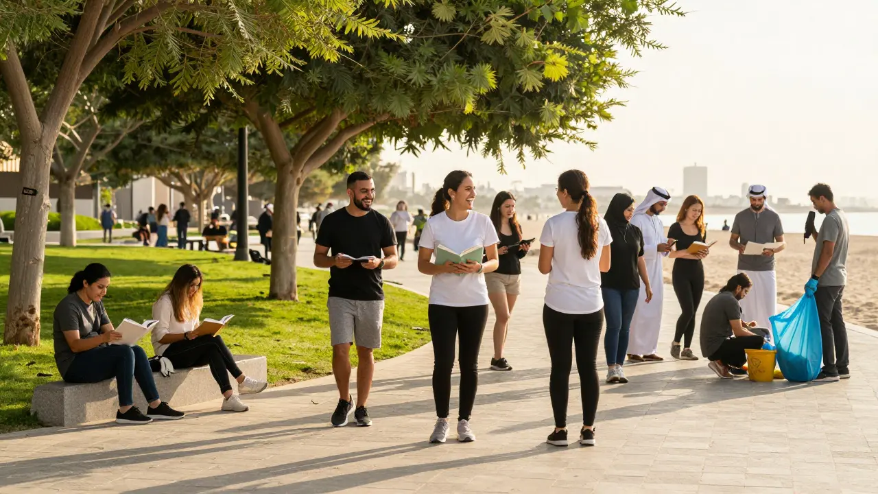 Diverse people laugh and connect in Zabeel Park and Alserkal Avenue, enjoying outdoor activities and community events.