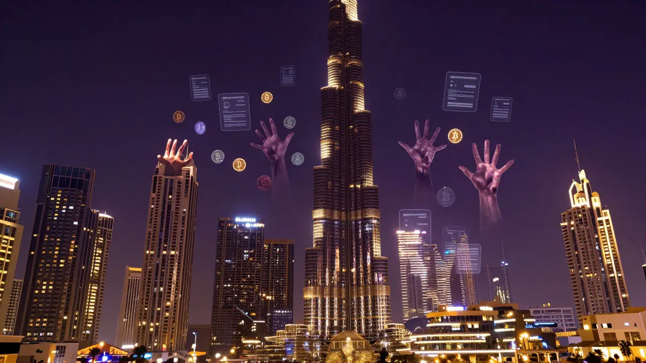 Dubai's glittering skyline reflects distorted faces and digital symbols, revealing hidden human trafficking beneath its glamorous surface.