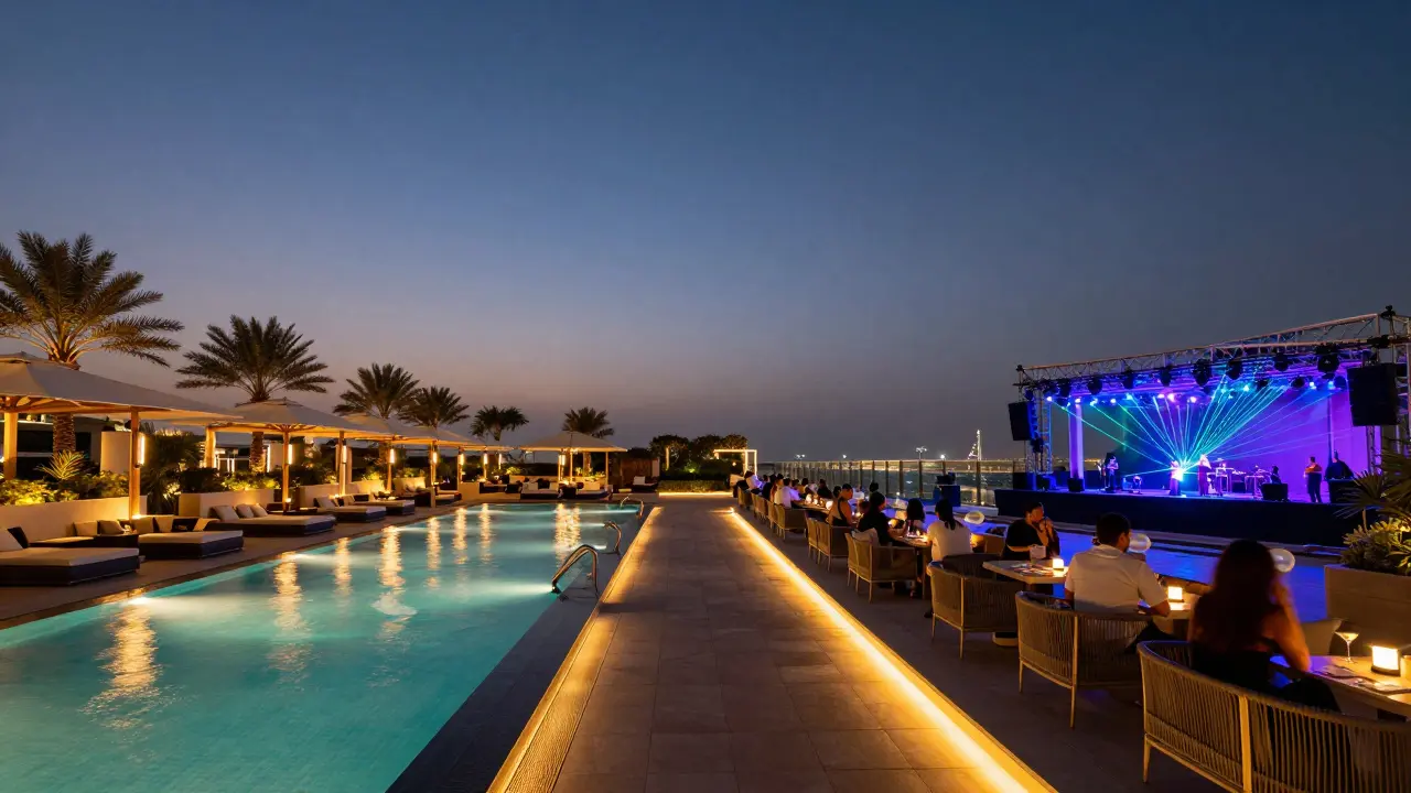 Dubai’s transition from poolside lounge to rooftop bar to laser-lit dance floor in one seamless scene.