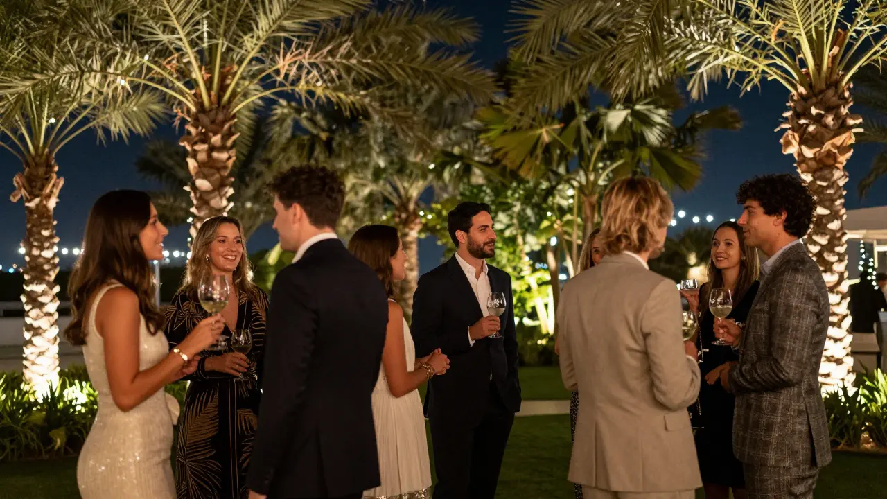 Elegant guests at a garden party venue with palm trees