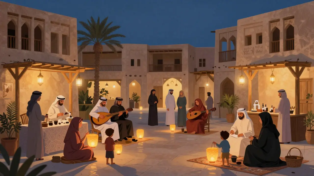 Family enjoying a lantern-lit cultural night in Al Fahidi with traditional music and tea stalls.