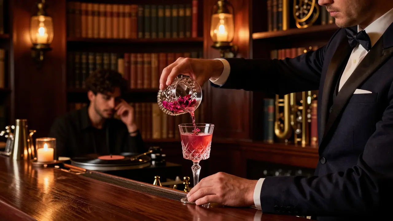 Hidden speakeasy with bartender pouring a rosewater cocktail, dim lantern light, vintage bookshelf entrance.