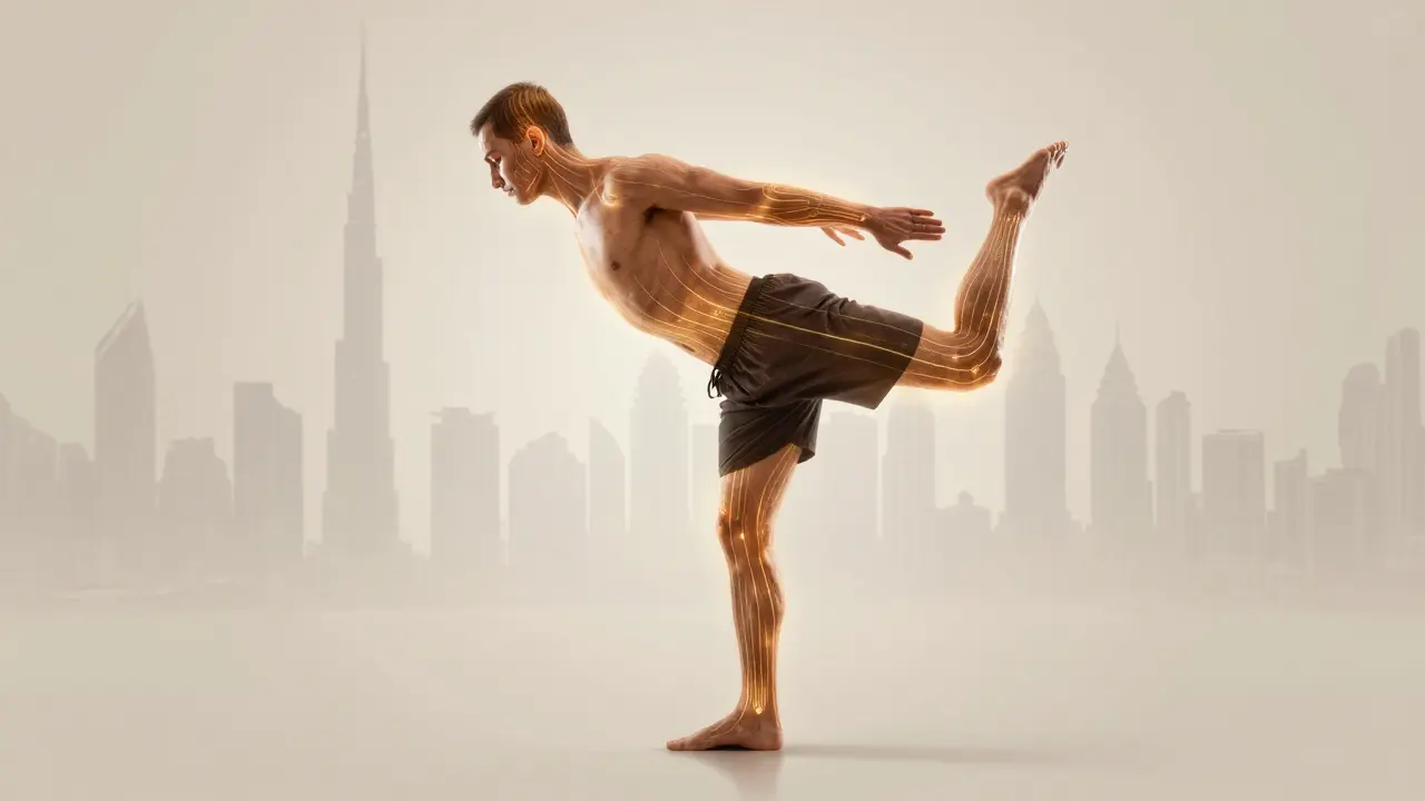 Human body with glowing energy lines during a Thai massage stretch, Dubai skyline fading in background, symbolizing renewal.