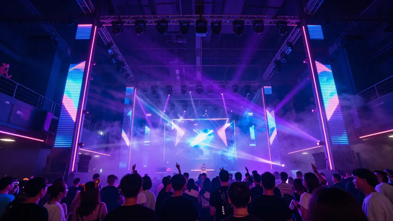 Inside a neon-lit super-club with fog and dancing crowd