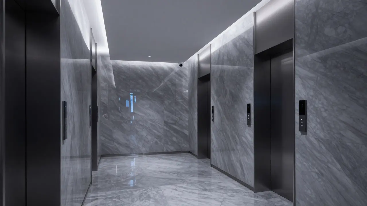 Luxury hotel hallway with sleek marble walls and digital keycard scanner hardware.