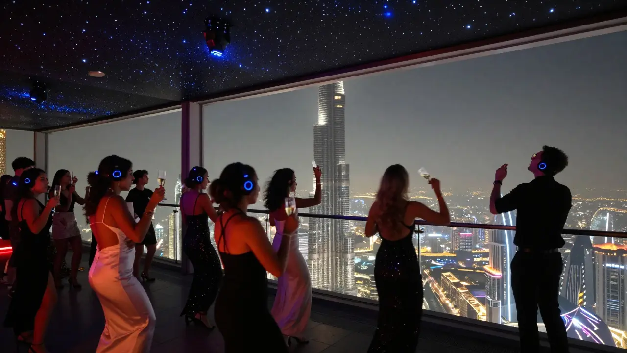 Luxury rooftop silent disco on a Dubai skyscraper with guests dancing under stars and champagne sabering.