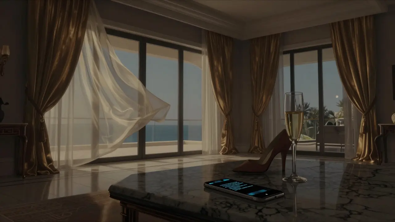 Luxury villa interior with empty champagne flute and glowing smartphone, curtains drifting in the breeze.