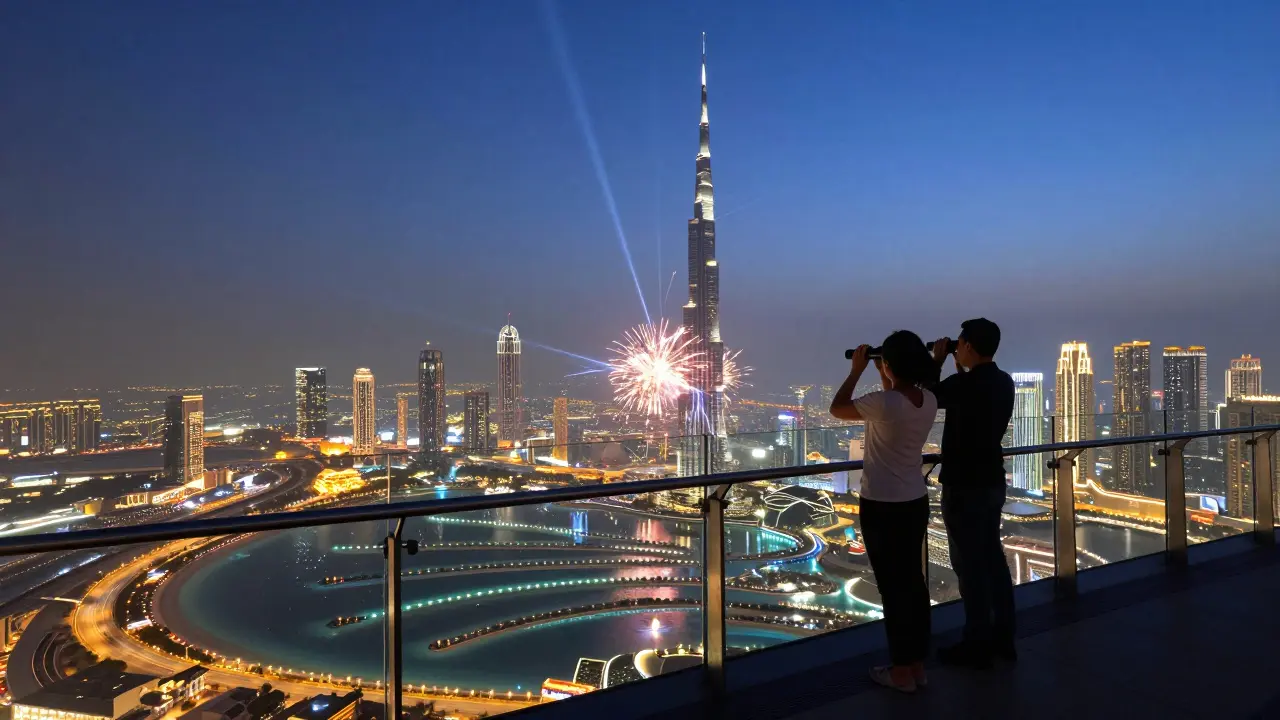 Panoramic view from The View at The Palm showing Burj Khalifa fireworks over Dubai skyline.