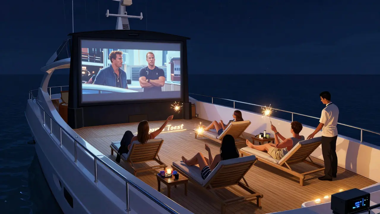 Platinum Yacht top deck at night with private cinema screen showing a movie, guests with sparklers, and a 'Groom's Toast' banner.