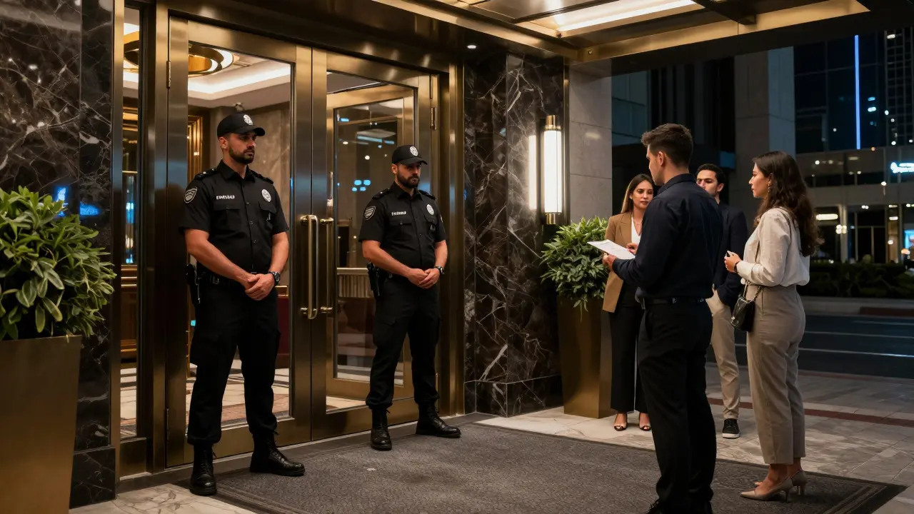 Security guards checking entry list at an exclusive club entrance.