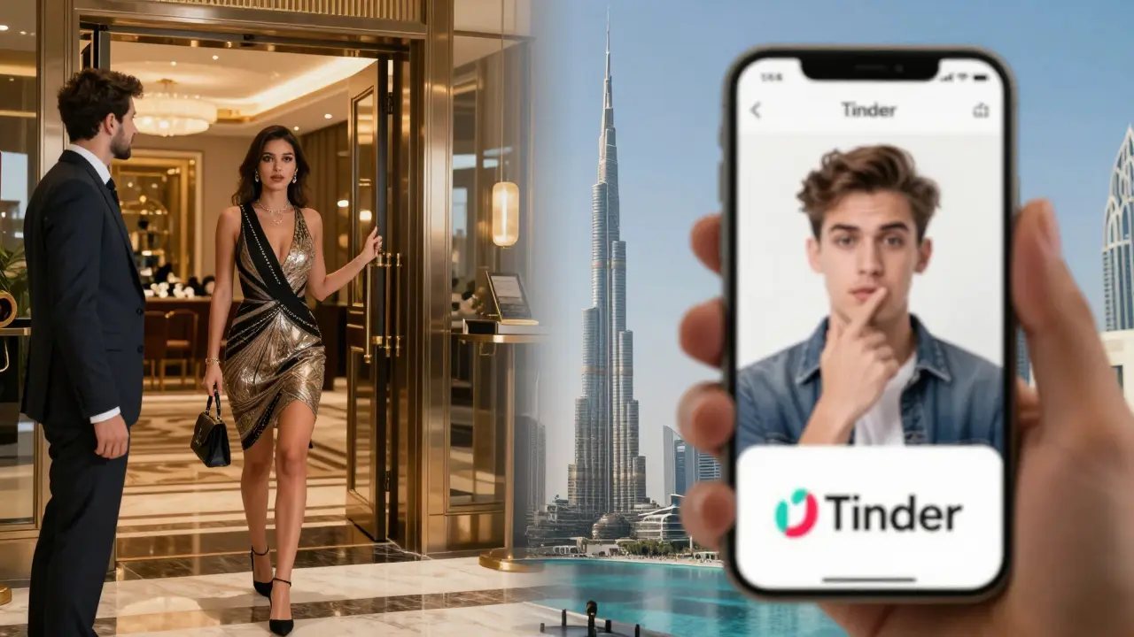 Split image: a refined companion experience versus chaotic dating app matches, both set against Dubai's skyline.