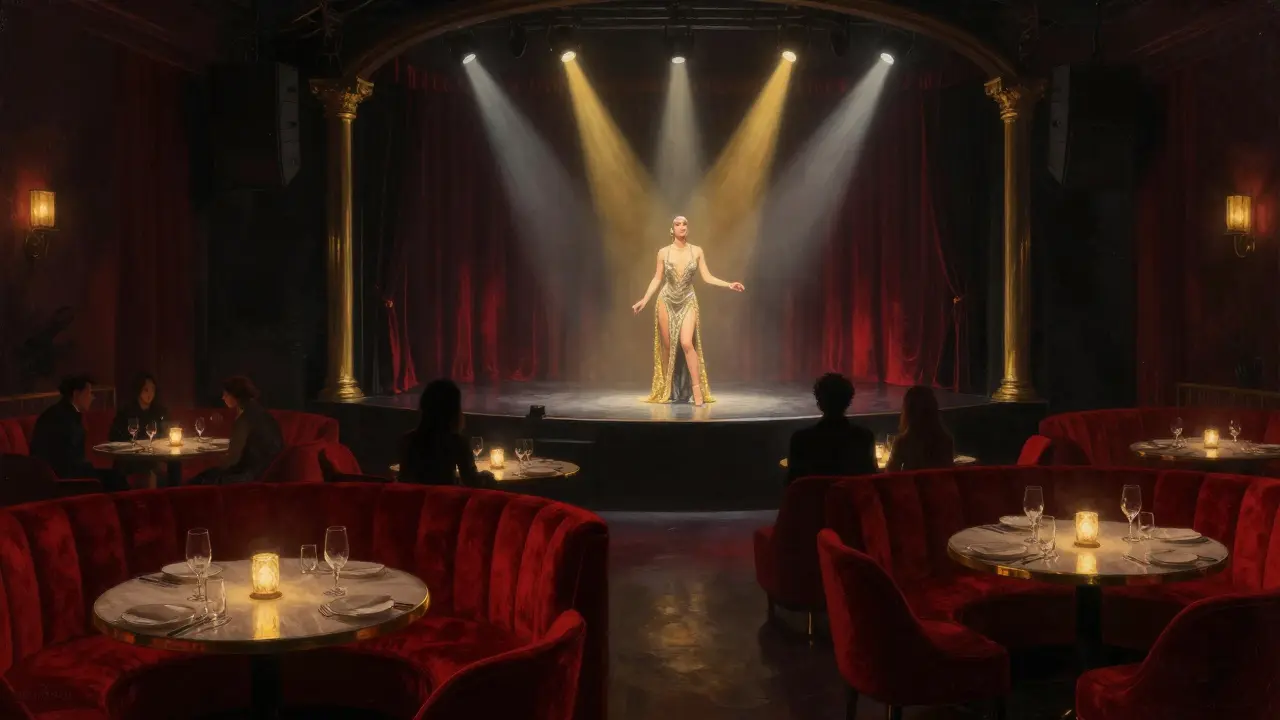 Stage performance in a velvet-seated cabaret lounge with spotlight.