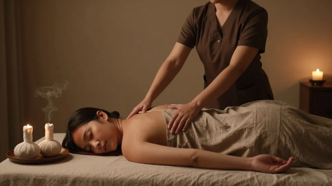 Thai massage therapist performing a gentle twist stretch on a client in a quiet Jumeirah spa, herbal compresses nearby.